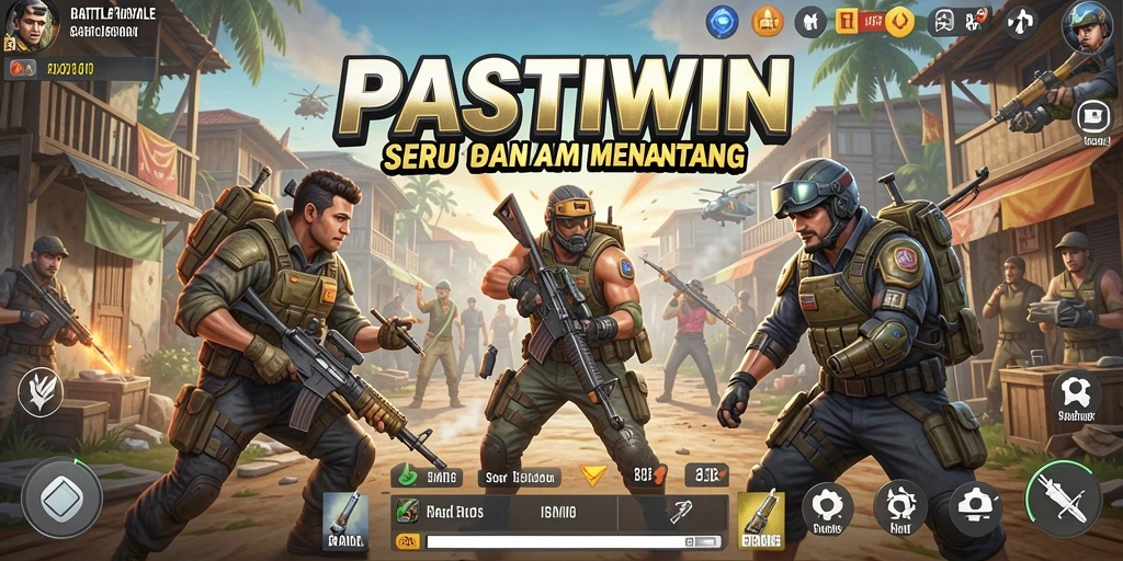 Screenshot gameplay <strong>PASTIWIN</strong> menampilkan pertempuran intens di arena Battle Royale.