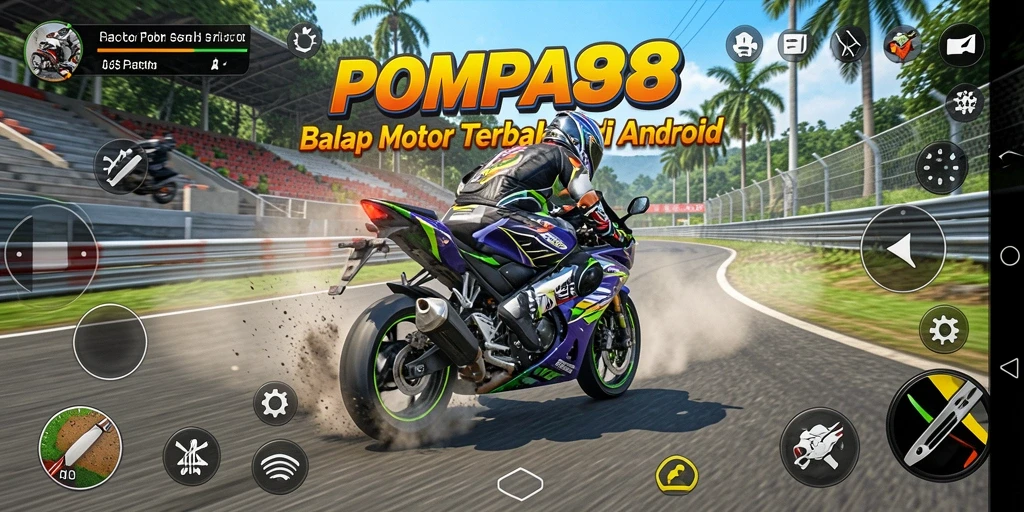 Screenshot gameplay POMPA88 menampilkan aksi balap motor yang mendebarkan.