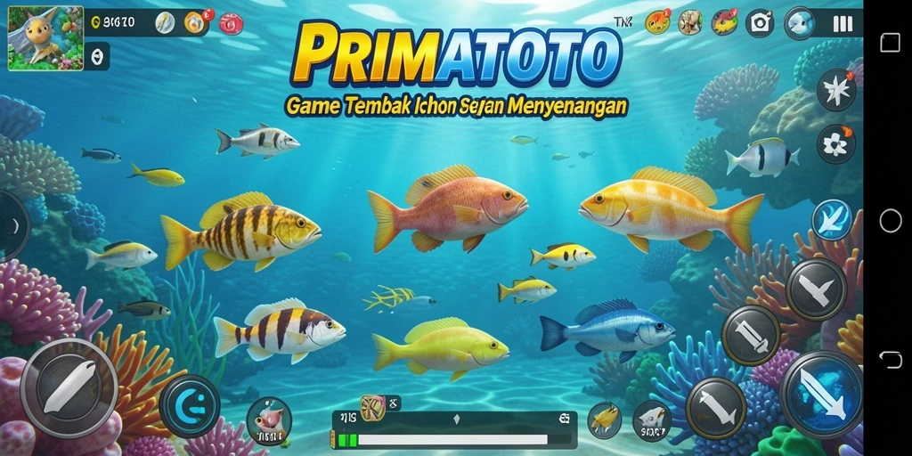Screenshot utama PRIMATOTO menampilkan aksi seru Tembak Ikan.