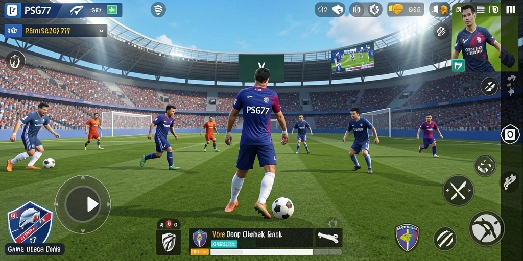 Screenshot gameplay PSG77 dengan aksi sepak bola mendebarkan.