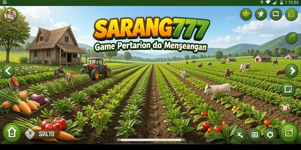 Screenshot utama SARANG777 menampilkan pemain sedang bertani di ladang yang indah.