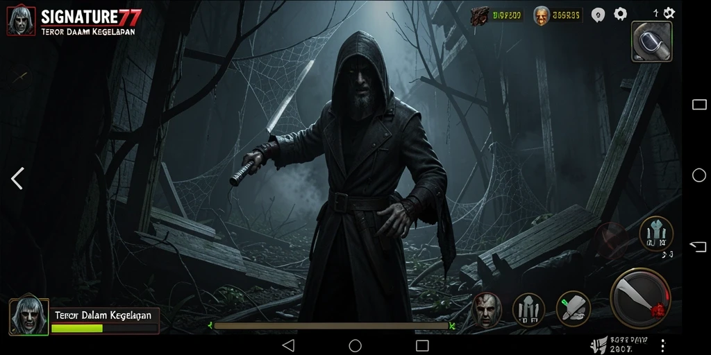 Screenshot utama SIGNATURE77 yang menampilkan suasana gameplay horor yang mencekam.