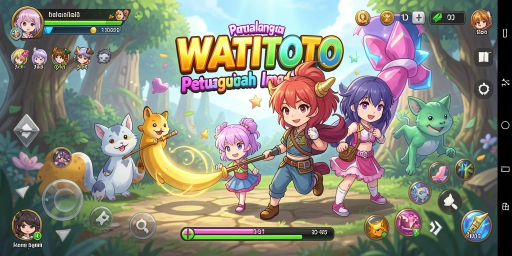Tampilan gameplay WATITOTO yang penuh warna dan karakter dinamis.